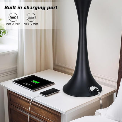 27.5" Black table Lamps for Living Room, Touch Control 3-Way Dimmable Bedside Nightstand Lamps Bedroom Lamp,Modern Black Table Lamp with USB A+C Ports,Tall Lamps for Living Room End Table（1Pack）