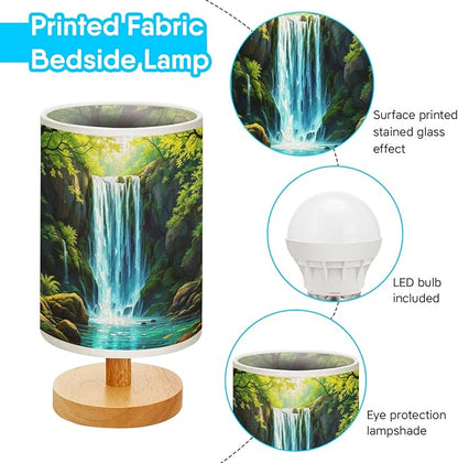 Waterfall in The Green Forest Table Lamp LED 3-Color Pressed Bedside, Waterfall in The Green Forest Shade Lamp with Wood Base for Bedroom Living Room Desk Office TL01