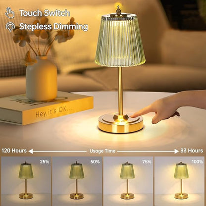 Small Table Lamp with 5200mAh Battery & Touch Control - 3 Adjustable Color Temperatures, Dimmable Rechargeable Table Lamps for Living Room, Bedroom, Bedside (Green Stripe)