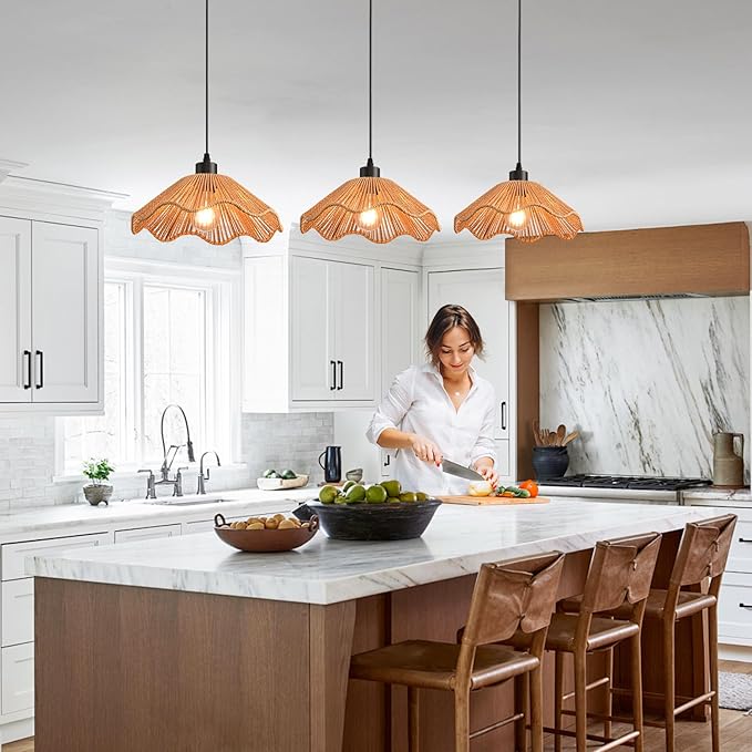 3 Pack Brown Woven Pendant Light Fixtures,11.81" Rattan Pendant Lights Farmhouse Basket Light Fixture Adjustable Boho Hanging Lamp for Kitchen Island Bedroom Dining Room Foyer Hallway
