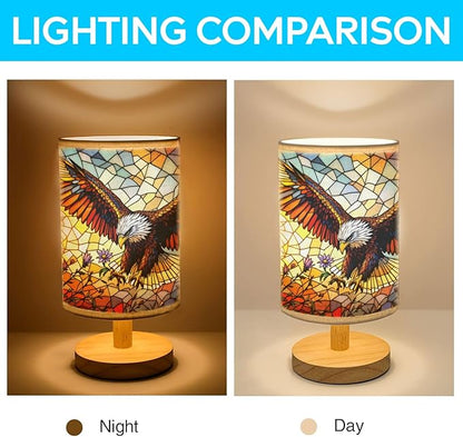 Eagle with Flower Table Lamp LED 3-Color Pressed Bedside, Eagle with Flower Shade Lamp with Wood Base for Bedroom Living Room Desk Office TL01