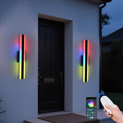 TODOLUZ 2-Pack 24-Inch Outdoor RGB Wall Light Fixture, IP65 Waterproof 16W Dimmable LED Linear Wall Sconce Lighting with Remote Control for Porch Garage Party Gathering