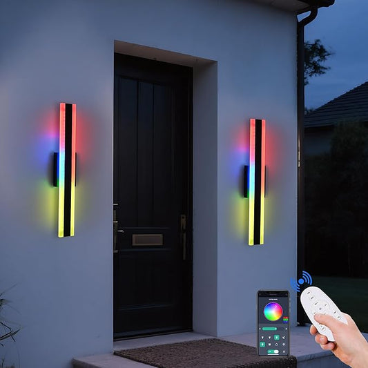 TODOLUZ 2-Pack 24-Inch Outdoor RGB Wall Light Fixture, IP65 Waterproof 16W Dimmable LED Linear Wall Sconce Lighting with Remote Control for Porch Garage Party Gathering