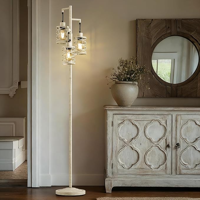 Oneach 70" Industrial Floor Lamp, Stepless Dimmable Standing Lamp with 3 Bulbs, Farmhouse Corner Standing Tree Lamp for Living Room, Tall Lamps for Bedroom, Office, Dining Room, Antique Beige White