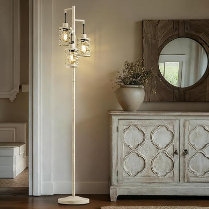 Oneach 70" Industrial Floor Lamp, Stepless Dimmable Standing Lamp with 3 Bulbs, Farmhouse Corner Standing Tree Lamp for Living Room, Tall Lamps for Bedroom, Office, Dining Room, Antique Beige White