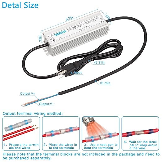 LED Driver 12V 60W Waterproof Transformer AC 90-240V to DC 12V 5A Low Voltage Switching Power Supply IP67 Converter Suitable for Indoor and Outdoor LED Strip Lights and 12V DC Devices