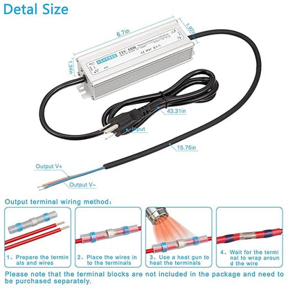 LED Driver 12V 60W Waterproof Transformer AC 90-240V to DC 12V 5A Low Voltage Switching Power Supply IP67 Converter Suitable for Indoor and Outdoor LED Strip Lights and 12V DC Devices
