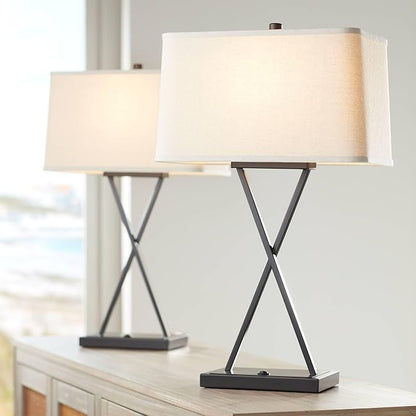 Franklin Iron Works Megan Modern Table Lamps 26.5" High Set of 2 with Hotel Style USB Charging Port LED Bronze Metal Rectangular Fabric Shade for Living Room Bedroom House Bedside Nightstand Home