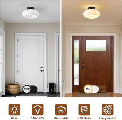 Mid-Century Modern Semi Flush Mount Ceiling Light, Metal Kitchen Light Fixture with Glass Shade,Vintage White and Black Colse to Ceiling Lamp for Entryway Hallway Bathroom (11.0 Inch)
