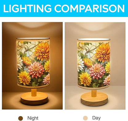 Chrysanthemum Table Lamp LED 3-Color Pressed Bedside, Chrysanthemum Shade Lamp with Wood Base for Bedroom Living Room Desk Office