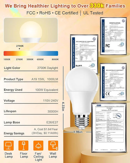 Neporal Full Spectrum Light Bulb 15W LED=100W, 2700K Flicker-Free Warm Light Bulbs, UV-Free & High CRI & Eye-Caring Sunlight Light Bulbs for Human, Home, Office, Plant, E26/E27, 30000H Lifespan, 3PK