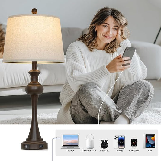 29" Tall Brown Table Lamp, 3-Way Dimmable Touch Control Bedside Lamp with USB A+C & AC Outlet for Bedroom, Living Room (1 Pack)