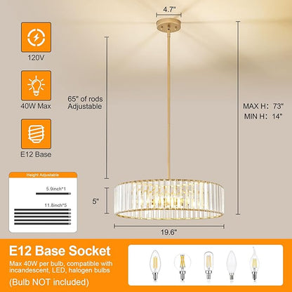 Modern Gold Semi Flush Mount Ceiling Light, Crystal Dining Room Chandelier Light Fixture, 6-Light Drum Lighting Fixtures for Foyer Kitchen Living Room Bedroom (19.6 inch)