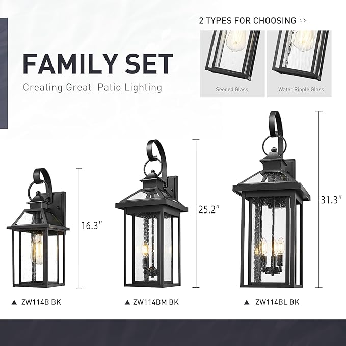 zeyu Extra Large Outdoor Wall Lighting, 31.3 Inch Exterior 3-Light Wall Lamp for Patio, Die-Cast Aluminum with Water Ripple Glass, Black Finish, ZW114BL BK-SW