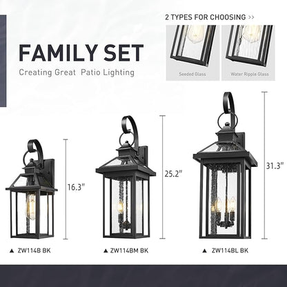 zeyu Outdoor Wall Mount Light Sconce, 16.3 Inch Farmhouse Exterior Wall Light for Garage in Black Finish, Die-Cast Aluminum with Seeded Glass Shade, ZW114B BK