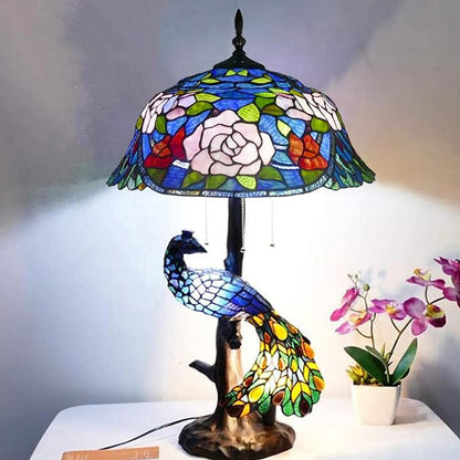Large Tiffany Table Lamp 18" Wide Handmade Stained Glass Lamp Shade 3 Light Peacock Style Vintage Desk Light for Living Room Bedroom Bedside Reading Light,Blue Rose