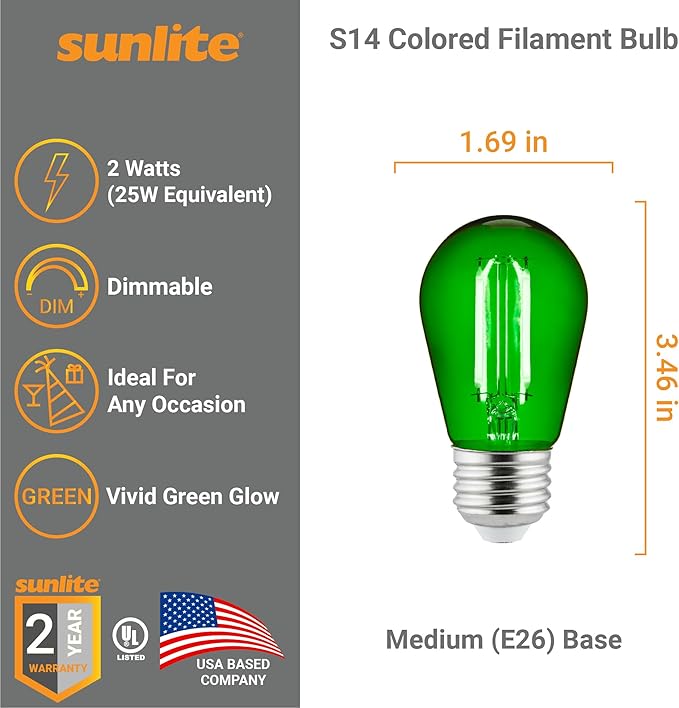Sunlite LED S14 String Light Bulb, 2 Watts (25W Equivalent), Medium E26 Base, Party Decoration, Holiday Lighting, Transparent, Dimmable, UL Listed, Green, 6 Count
