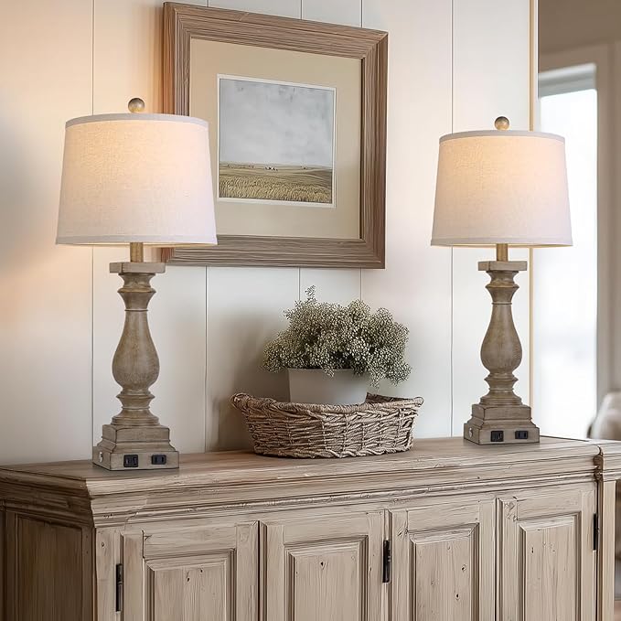 28" Tall Farmhouse Table Lamps Set of 2 with USB C+A Ports and AC Outlet, 3 Way Touch Control Rustic Bedside Lamp for Bedroom, Brown Vintage Nightstand Lamp for Living Room Office