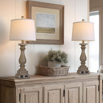 28" Tall Farmhouse Table Lamps Set of 2 with USB C+A Ports and AC Outlet, 3 Way Touch Control Rustic Bedside Lamp for Bedroom, Brown Vintage Nightstand Lamp for Living Room Office