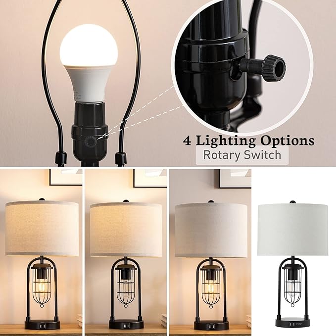 Kyrid 21'' Table Lamps Set of 2 with Night Light and USB Port Industrial Modern Nightstand Lamp Set (Bulbs Included)