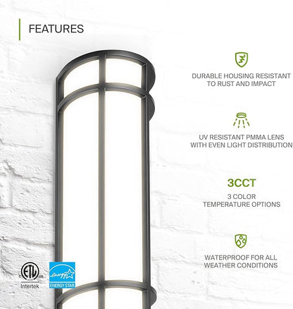 ASD LED 18" Half Cylinder Wall Light Fixture, Outdoor Patio Sconce | 3CCT, Stainless Steel, Waterproof, Energy Star, ETL Listed | 18W 1500LM 3000-5000K 100-277V | Exterior Lighting | Black