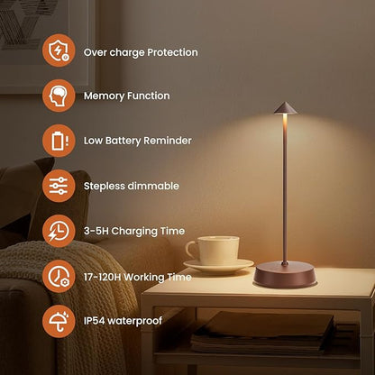 Cordless Table Lamp Rechargeable, Battery Operated 6000mAh Desk Lamp Touch Dimmable Lamp Outdoor Waterproof Portable Wireless Table Light, Small Table Lamp for Restaurant Bar/Outdoor (Brown)