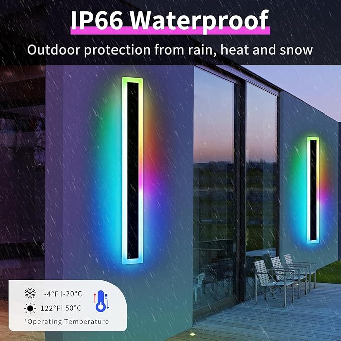 Widened 2 Pack Modern RGB Outdoor Wall Lights, 47.2inch 10 Colors Dimmable LED Wall Mount Sconces, 41W, IP65 Waterproof, Long Linear Garage Lighting Fixtures for Garden, Yard, House