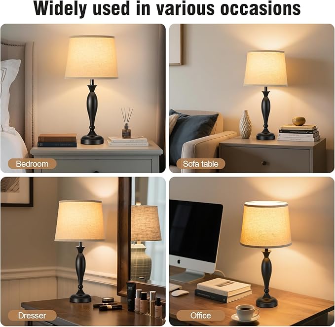 22.6" Table Lamp, 2Pcs Modern Bedside Lamps Desk Reading Light for Living Room Nightstand Bedroom Dormitory Home Office, Black