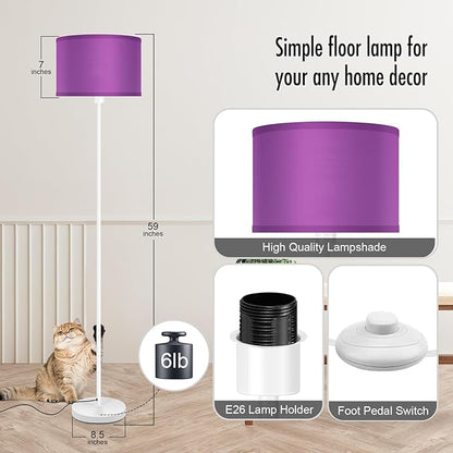 Floor Lamp, Standing Lamp, Modern Stand Up Lamps with Purple Lampshade, 59" Tall, Foot Switch, Simple Living Room Decor for Kids Room, Girls Room, Den, Office - White(NO Bulb,E26 Base)