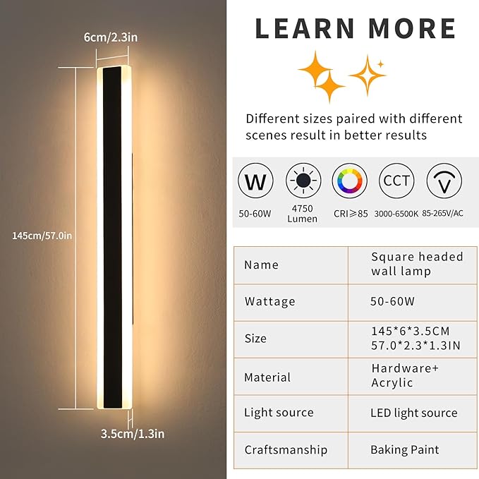Mikeru 2Pack 57inch Outdoor Wall Light Fixtures, 10%-100% Dimmable Outdoor Wall Lights Exterior Front Porch Light 3000-6000k Wall Mounted Led Lighting for Basement, Shop,Garage Lighting