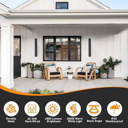 39.4 in Long Outdoor LED Wall Lights, Modern Exterior Garage Wall Light,Outside Light Fixtures for House,Patio,Front Porch,36W Black Outdoor Wall Sconce Waterproof 2 Pack(3000K Warm White)
