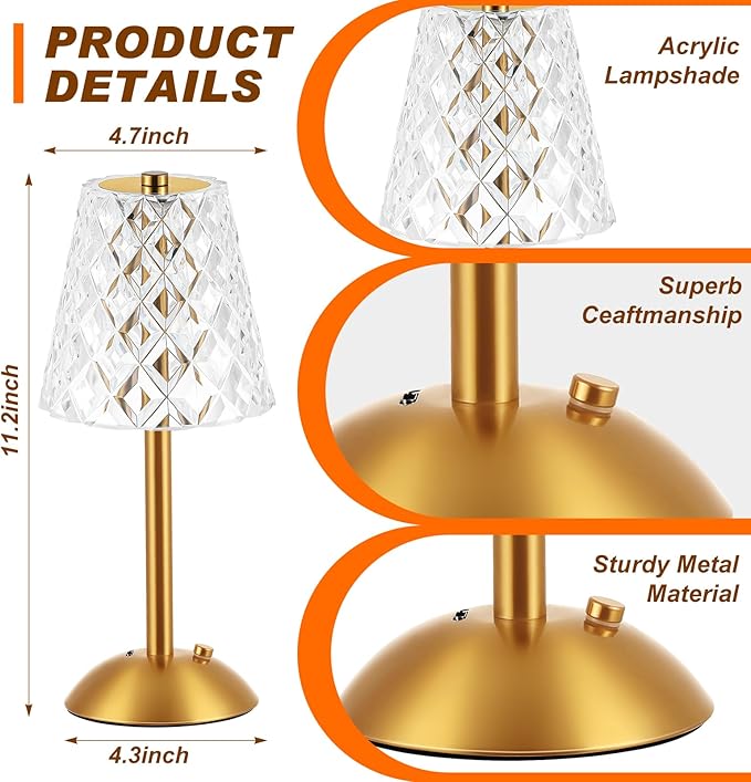 Liliful 2 Pcs Cordless Table Lamp Rechargeable Touch LED Small Gold Portable Battery Operated USB-c Desk Lamp 3 Color Dimmable for Bedroom Living Room Dining (Gold,Diamond Style)