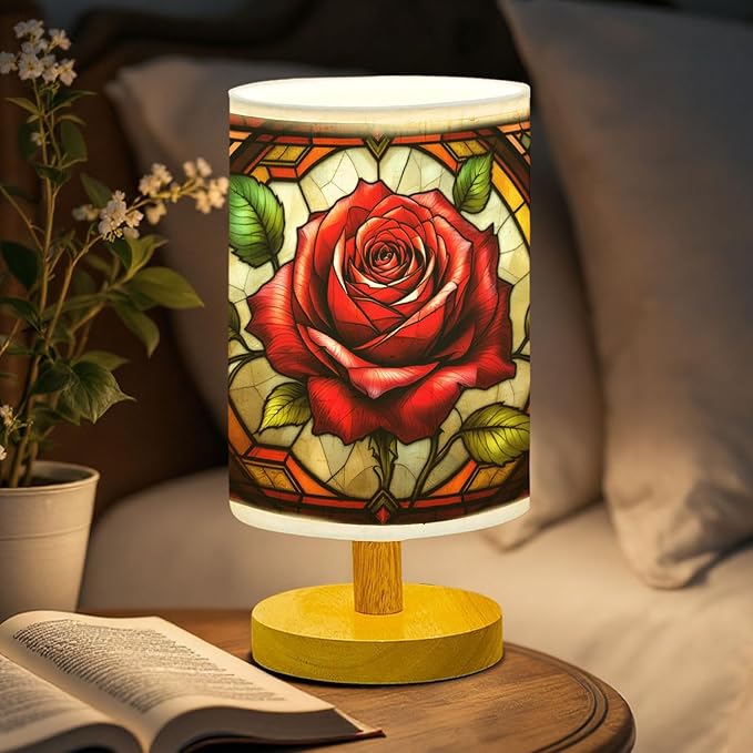 Rose Table Lamp LED 3-Color Pressed Bedside, Rose Shade Lamp with Wood Base for Bedroom Living Room Desk Office TL01