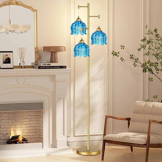 Glass Floor Lamp for Living Room,Bedroom,Gold Mid Century Modern Standing Lamp Brass Tree 3 Light Tall Floor Lamps Vintage Retro Floor Lights Flower Lamp Shade Farmhouse Boho Bohemian