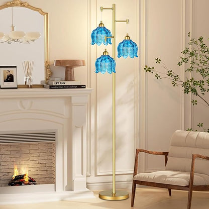Glass Floor Lamp for Living Room,Bedroom,Gold Mid Century Modern Standing Lamp Brass Tree 3 Light Tall Floor Lamps Vintage Retro Floor Lights Flower Lamp Shade Farmhouse Boho Bohemian