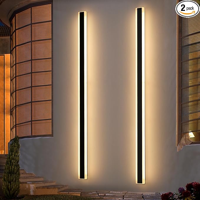 2 Pack Long Outdoor Wall Light, 71inch Modern LED Wall Sconce, 3 Color 3000K/4500K/6000K, 60W, IP65 Waterproof, Black Minimalist Exterior Lighting Fixture for Porch, Backyard, Garage, Balcony