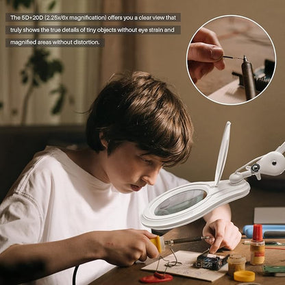 Bifocals LED Magnifying Lamp with Clamp, 5 Diopter with 20 Diopter, 5 Inch Magnifier Glass Lens, 1200 Lumens Dimmable Magnifier Lamp for Desk Craft Hobby with 60PCS Bright LEDs (White)