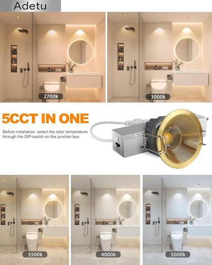 Adetu 2 Inch 5CCT White LED Recessed Ceiling Light with Junction Box, 2700K/3000K/4000K/5000K Selectable, CRI90, 8W COB, 780LM, Dimmable Canless IP65 Waterproof Downlight-ETL&FCC (Gold, 1 Pack)