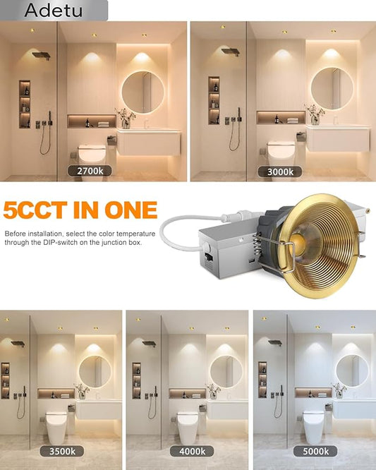 Adetu 2 Inch 5CCT White LED Recessed Ceiling Light with Junction Box, 2700K/3000K/4000K/5000K Selectable, CRI90, 8W COB, 780LM, Dimmable Canless IP65 Waterproof Downlight-ETL&FCC (Gold, 1 Pack)