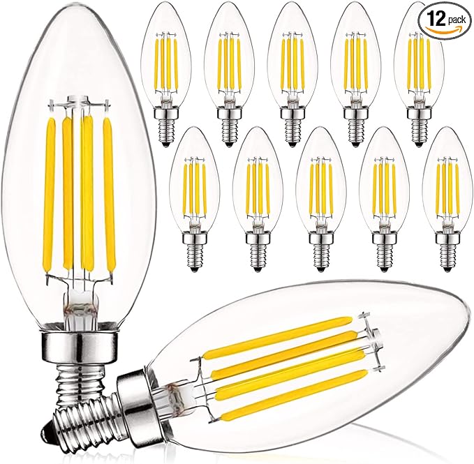 LUXRITE Vintage Candelabra LED Bulb 60W Equivalent, 550 Lumens, 3500K Natural White, Chandelier Light Bulbs 5W, Dimmable, Clear Glass, Filament Candle Bulbs, UL Listed, E12 Base (12 Pack)