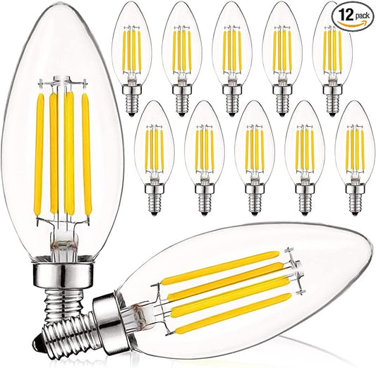 LUXRITE Vintage Candelabra LED Bulb 60W Equivalent, 550 Lumens, 3500K Natural White, Chandelier Light Bulbs 5W, Dimmable, Clear Glass, Filament Candle Bulbs, UL Listed, E12 Base (12 Pack)