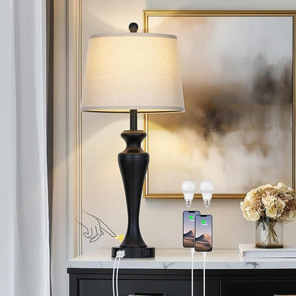 30 Inch Black Table Lamp Single, 3-Way Dimmable Touch Control Living Room Lamps with USB A+C Ports and AC Outlet, Tall Bedside Lamps for Nightstand, Modern Metal Bedroom Lamp, Bulb Included