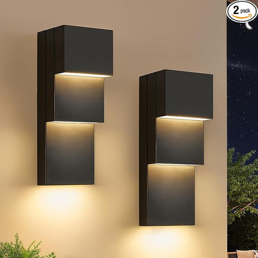 tewei Modern LED Outdoor Wall Sconce 30W Exterior Lighting Fixtures, Black Outside Lights for House Integrated LED Outdoor Wall Mount Lights for Front Porch Garage, Warm White 3000K, 2 Pack