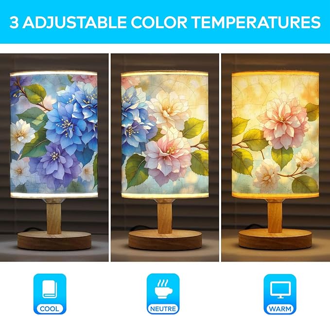 Hydrangea Table Lamp LED 3-Color Pressed Bedside, Hydrangea Shade Lamp with Wood Base for Bedroom Living Room Desk Office