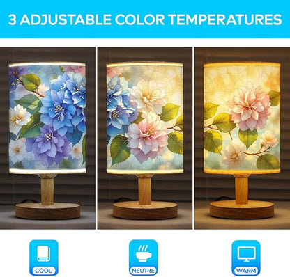 Hydrangea Table Lamp LED 3-Color Pressed Bedside, Hydrangea Shade Lamp with Wood Base for Bedroom Living Room Desk Office