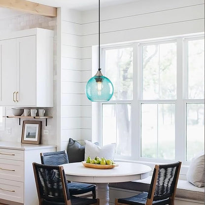 Light Blue Glass Pendant Lights Kitchen Island Globe Pendant Light Fixtures Modern Pendant Lighting for Bedroom Living Dining Room Light Fixture (5.9 in, 2 Pack)
