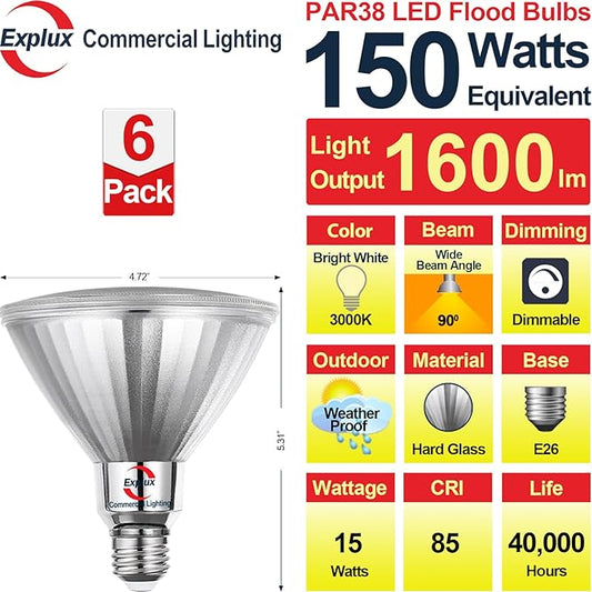 Explux Commercial-Grade LED PAR38, 150W Equivalent, 1600 Lumens, 40000 Hours, Classic Full Glass Flood Light Bulbs, Dimmable, Waterproof & Anti-Ageing, Bright White 3000K, 6-Pack