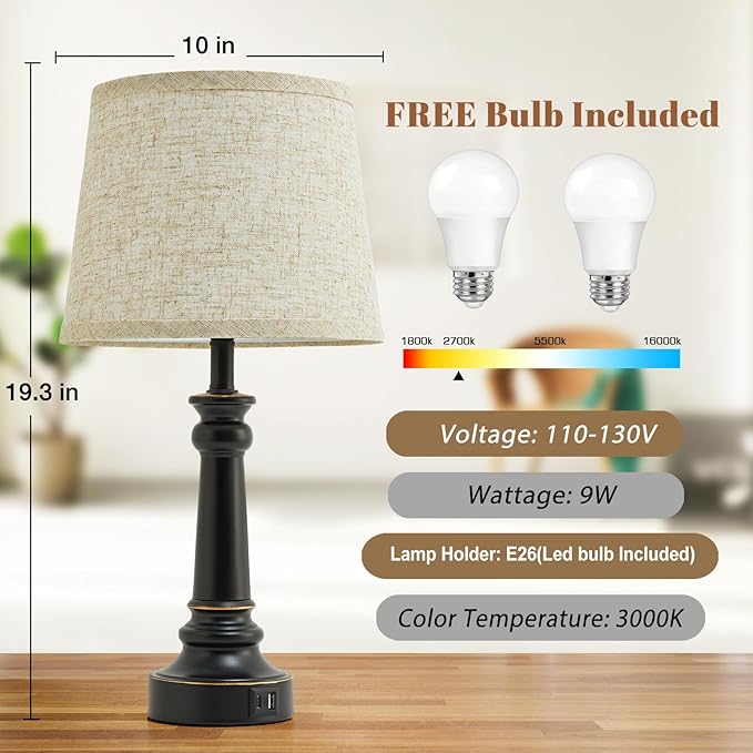 Touch Lamps for Nightstand Set of 2 - Black Table Lamp for Bedroom Dimmable Bedside Lamp with USB C+A Ports - Lamps for Night Stands Living Room End Table,2 LED Bulbs Included