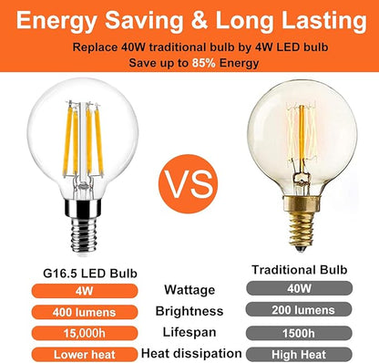 G16.5 Light Bulb 40w Led 2700k Warm White 4W 120V, 6 Pack High Output Led G16.5 Clear Globe Bulb, No Flicker G 16.5 Round Bulb E12 Candelabra Base Clear Glass for Indoor/Outdoor Lighting.