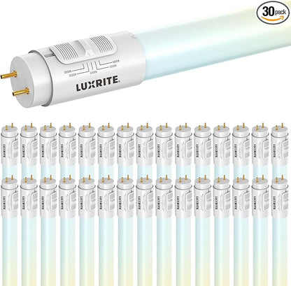 LUXRITE 3FT LED Tube Light, T8, 12W=25W, 5CCT 3000K- 6500K, 1560LM, 320° Beam Angle, Fluorescent Replacement, Ballast Compatible or Bypass, Single or Double End Powered, Damp & UL Listed (30 Pack)